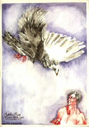 Bird diving on figure looking up