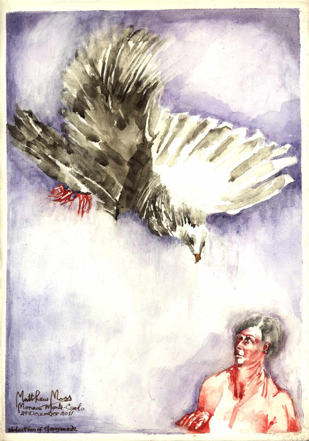 Bird diving on figure looking up