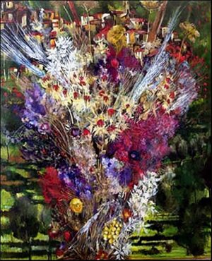 Bouquet of Flowers against the Italian Riviera landscape of Lingueglietta