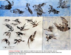 CROWS INK DRAWING CAPTIONED FRENCH