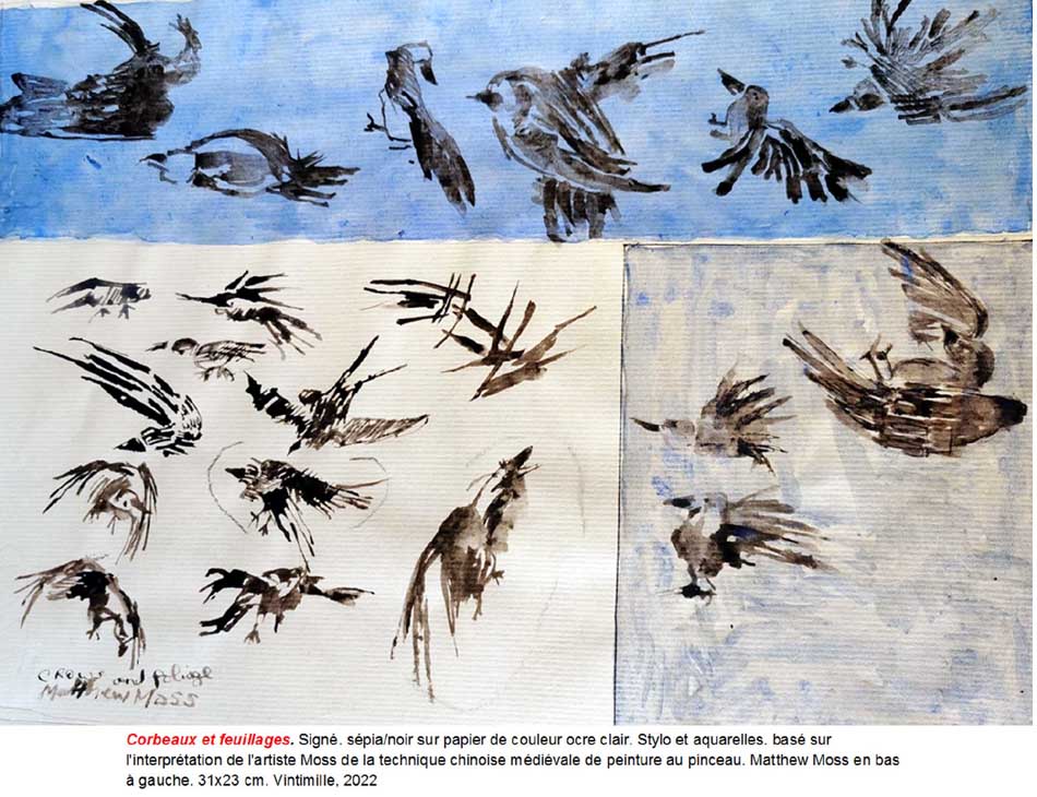 CROWS INK DRAWING CAPTIONED FRENCH