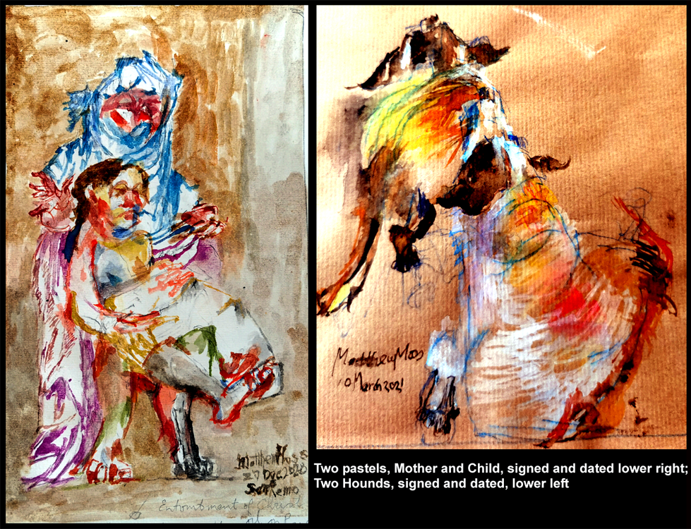 Two Pastels Mother and Child and Two Hound signed & dated bottom.
