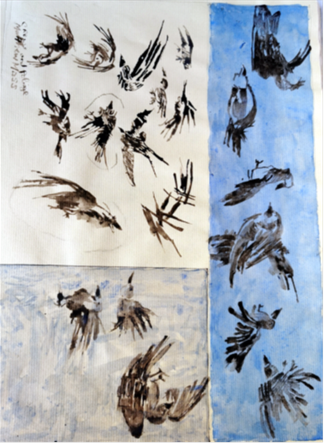 Crows and Foliage. Signed, Matthew Moss top left –2022
Sepia on light ochre coloured paper, Pen and sepia/black watercolours; based on Moss’s interpretation
 of Chinese medieval brush painting. 31x23 cm. Ventimiglia,